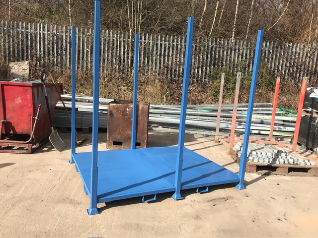 Custom blue steel stillage with diamond plate platform